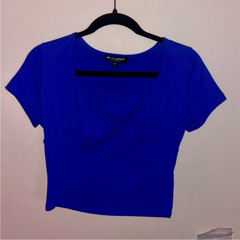 See You Monday Blue Fitted Crop T-Shirt